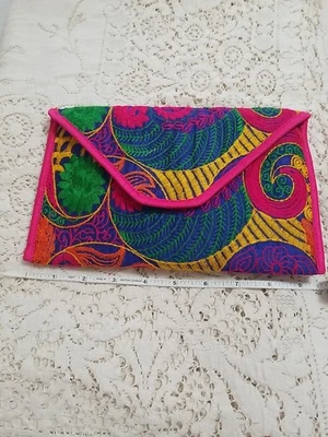 Ethnic Multicolored Clutch Or Purse With Royal Blue Satin Bead Strap - Image 1 of 4
