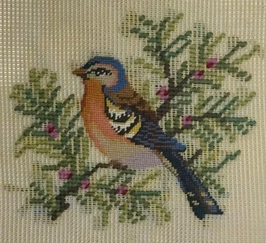 Preworked Center Worked BIRD ON BRANCH Needlepoint Canvas Petit Point 6"x5" 824 - Picture 1 of 3