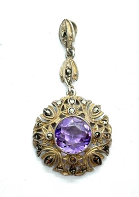Pingente vintage de prata de ametista e marcasita gota - Imagem 1 de 4