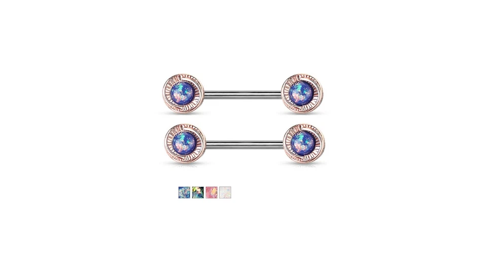 Pair Opal Glitter Rose Gold Plated Round Flower Ends Nipple Barbell Body Jewelry - Image 1 of 1