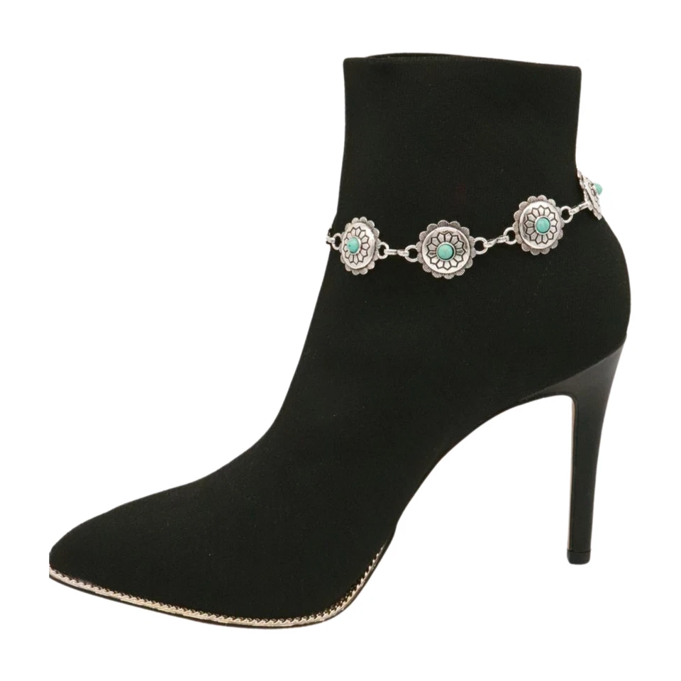 Women Silver Metal Chain Boot Bracelet Shoe Turquoise Blue Flower Charm Jewelry - Imagem 1 de 4