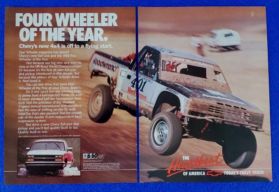 Camioneta pickup Chevy 1988 tamaño completo 4x4 original anuncio impreso de 2 páginas Chevrolet divertido Foto 1 de 1