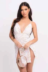 White Nude Plunge Lace Floral Sequin Double Thigh Slit Mini Dress - Picture 1 of 8
