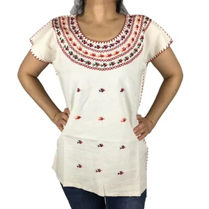 Hippie Embroidered Mexican Blouse Top Huipil Little Birds 100% Cotton S-M - Picture 1 of 4