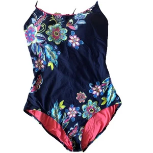 Ann Cole Swimsuit Sz 12 Blue Floral Tropical Print One Piece Adjust Strap - Picture 1 of 5