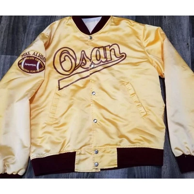 Chaqueta de satén años 80 descolorida amarilla y roja puño dañado base aérea Osan Foto 1 de 4