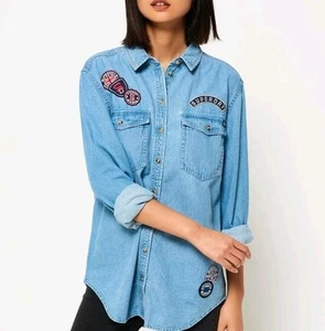 Superdry Womens Supersize Denim Blue Shirt Size S AU 8 EU 36 Long Sleeve Patched - Picture 1 of 19