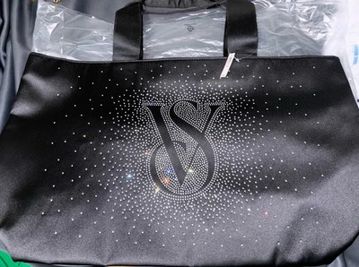 Victoria’s Secret Tote Bag Black Satin Bling Sparkle Rhinestone VS Logo  NWT - Image 1 of 4