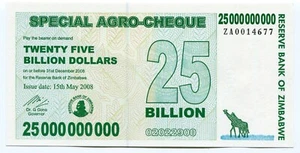Zimbabwe 2008 25 Billion Agro Check UNC Rare Replacement Banknote P62 ZA Prefix - Picture 1 of 3