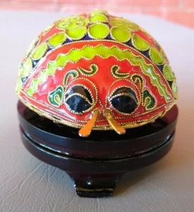 Vintage Cloisonne Enamel Ladybug Figurine Ornament with Wood Stand - Picture 1 of 10