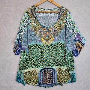 INOA Top Womens Size 3 Colourful 100% Silk Rhinestone Stud Batik Boho Gypsy - Picture 1 of 12