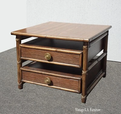 1980s McGuire Two Tier Side Table with Leather and Brass Hardware French Country - Image 1 of 4