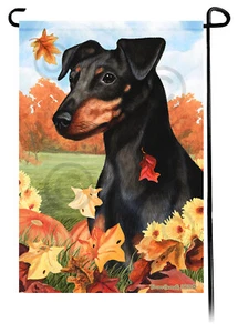 Falling Leaves Garden Flag - Uncropped Black and Tan Min Pin - Picture 1 of 1