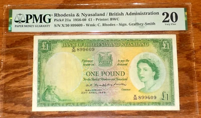 Rhodesia & Nyasaland 1 Pound 1956-60 P-21a PMG 20  Queen Elizabeth Africa Note - Image 1 of 4