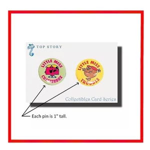 Card w/2 Lot 1984 1”Thoip Little Miss Trouble+Chatterbox Pinback Buttons Mr.Men! - Picture 1 of 24