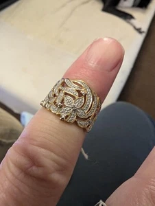 STUNNING 925 GOLD PLATED NATURAL WHITE DIAMOND FLOWER CLUSTER RING SIZE L - Picture 1 of 9