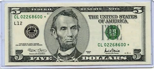 2001 US $5.00 UNCIRCULATED FDR STAR NOTE, A SAN FRANCISCO NOTE, AMERICANA - Picture 1 of 2