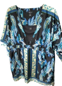 Style & Co 2pc Tunic Smock Black/Blue/Yellow Paisley Polyester K-Sleeve Sz 14 - Picture 1 of 7