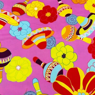 2 Yards La Fiesta Alexander Henry OOP 2004 Cotton Fabric Floral Sombrero Maracas - Image 1 of 4