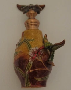 Perfume Bottle w/ Hummingbird Flowers Orange Gold Rhinestones Brass Metal - Picture 1 of 12
