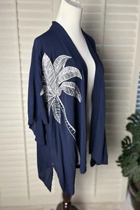 CHICOS Kaftan Navy Blue/ White Embroidered Gauze Ruana Lightweight  S/M - Picture 1 of 9