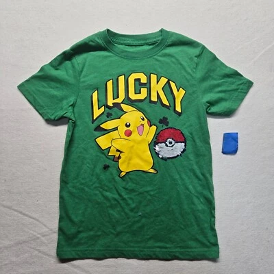 Pokemon Pikachu Irish Shockingly Lucky Flip Sequence Green T-Shirt Boys S Small - Image 1 of 4