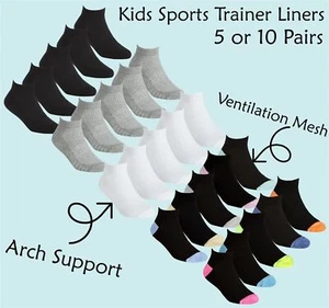 Kids Trainer Socks Boys Girls Childrens Sports Sneaker Liner Sock 5 or 10 Pairs - Picture 1 of 27