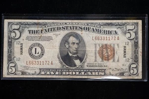 RARE 1934-A $5 HAWAII Emergency Issue Note in Great Condition - Light Stains - Picture 1 of 2