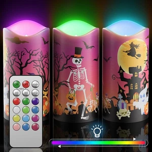 Halloween Candles 3x6 Set of 3 LED 12 Colors Remote Control - Picture 1 of 7