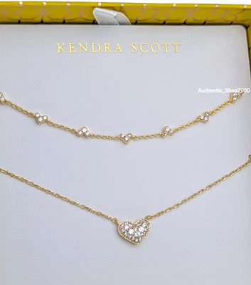 NUEVO 100% KENDRA SCOTT Dorado Ari Haven Pavé Corazón Capa Dos Collares Set Caja de Regalo Foto 1 de 4