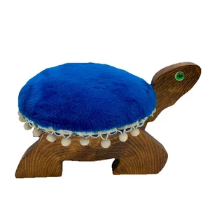 VTG 70’s Turtle Footstool Ottoman MCM Wood Upholstered Pom Pom Trim Blue READ - Picture 1 of 10