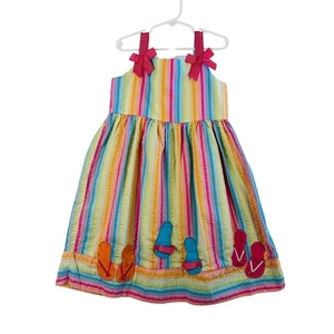Rare Too Rainbow Stripe Dress 6 Girls Flip Flop Appliqué Bright Summer Playful - Picture 1 of 9