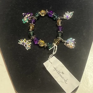 New Orleans Mardi Gras Purple Green Gold Mask Charm Stretch Bracelet Acrylic - Picture 1 of 6