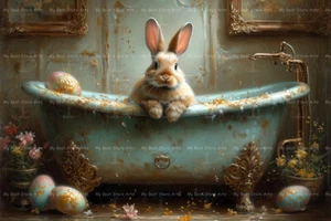 EASTER RABBIT BATHTUB ART PRINT, Bunny Poster, Animal Wall Decor, Fantasy C993 - Picture 1 of 4