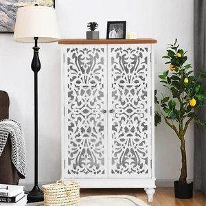 47.4" Display Cabinet Buffet Tall Accent Distressed Cabinet Storage with 2 Doors - Picture 1 of 14
