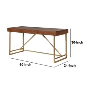 Benjara Writing Desk 30" H X 60" W, Rectangular Walnut Brown + Gold Metal Legs - Picture 1 of 6