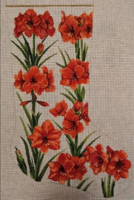 Needlepoint Handpainted Christmas Patty Paints Amaryllis Stocking 21" - Image 1 of 4