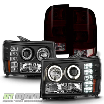 Faros proyectores halo LED 2007-2013 GMC Sierra negros + luces traseras rojas de humo Foto 1 de 4