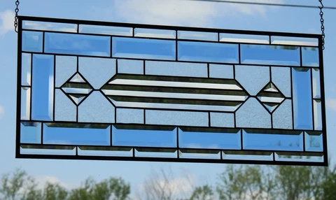 Clear/ Blue/Frosted Beveled Stained Glass Panel, Window Hanging 28 3/8x 12 1/2" Cover