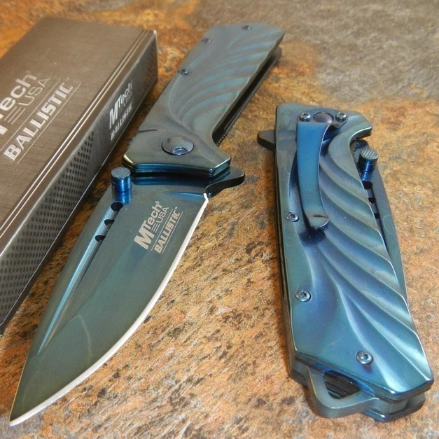 Navaja de Bolsillo MTECH Azul Titanio Apertura Asistida por Resorte Táctica Plegable Rescate Foto 1 de 2