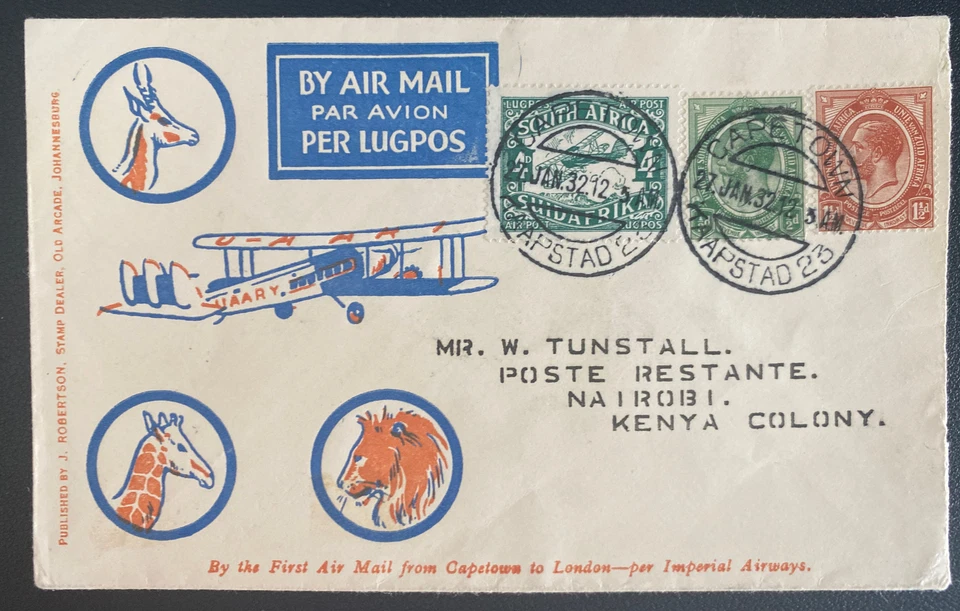 1932 Ciudad del Cabo Sudáfrica Primer Vuelo Correo Aéreo Cubierta FFC a Nairobi Kenia KUT Foto 1 de 2