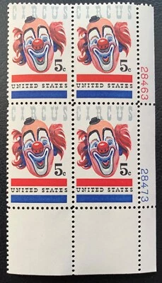 1966 US SCOTT #1309 AMERICAN CIRCUS ISSUE 5C PLATE BLOCK OF 4 X2# MNH OG VF - Image 1 of 2