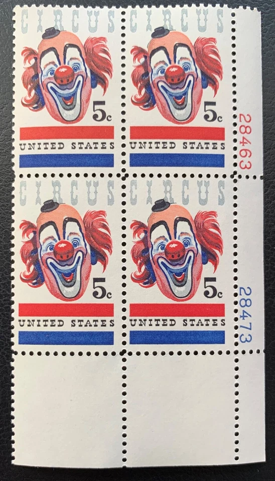 1966 US SCOTT #1309 AMERICAN CIRCUS ISSUE 5C PLATE BLOCK OF 4 X2# MNH OG VF - Image 1 of 2