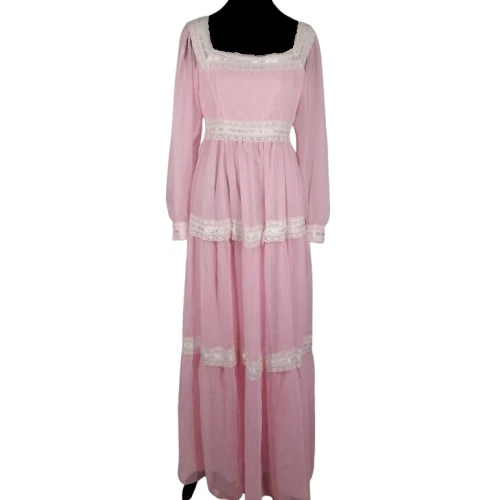 Vestido Pradera De Colección Años 70 Talla L Gasa Encaje Bebé Rosa Campesino En Niveles Cottagecore Foto 1 de 4