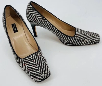 Kate Spade Black White Wool Herringbone Square Toe Pumps Made In Italy  8A - Image 1 of 4