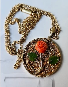 Vintage KREMENTZ Gold Filled Carved Coral Jade Pendant 1.25" Necklace 24"L - Picture 1 of 6