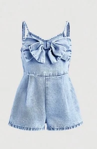 Young Girl' Blue Denim Bib Shorts Overalls - Picture 1 of 3