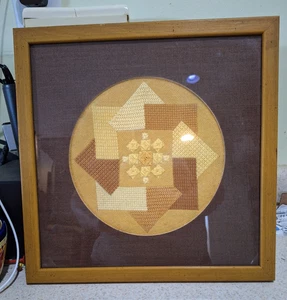 Vintage Needlework quilt square in harvest gold tones FRAMED 12.5x12.5in - Picture 1 of 5