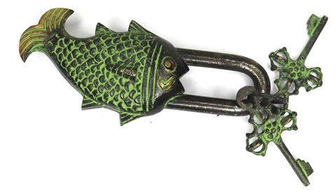 Fish Shape Lock Antique Vintage Style Handmade Brass Padlock With Working Keys Cover