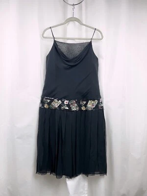 Vestido de cóctel de seda Kay Unger New York negro lentejuelas años 20 inspirado en aletas talla 14 Foto 1 de 4